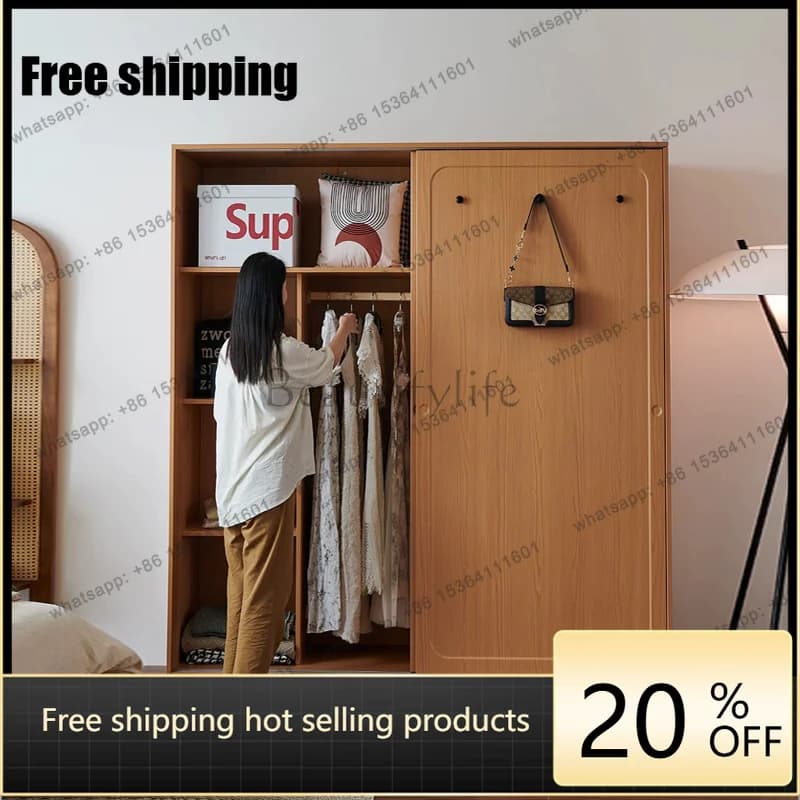 LJY Decoration Brown Wardrobes Closet Wooden Tall Long Sliding Space Wardrobes Storage Cute Saving Guarda Roupas Furniture For H