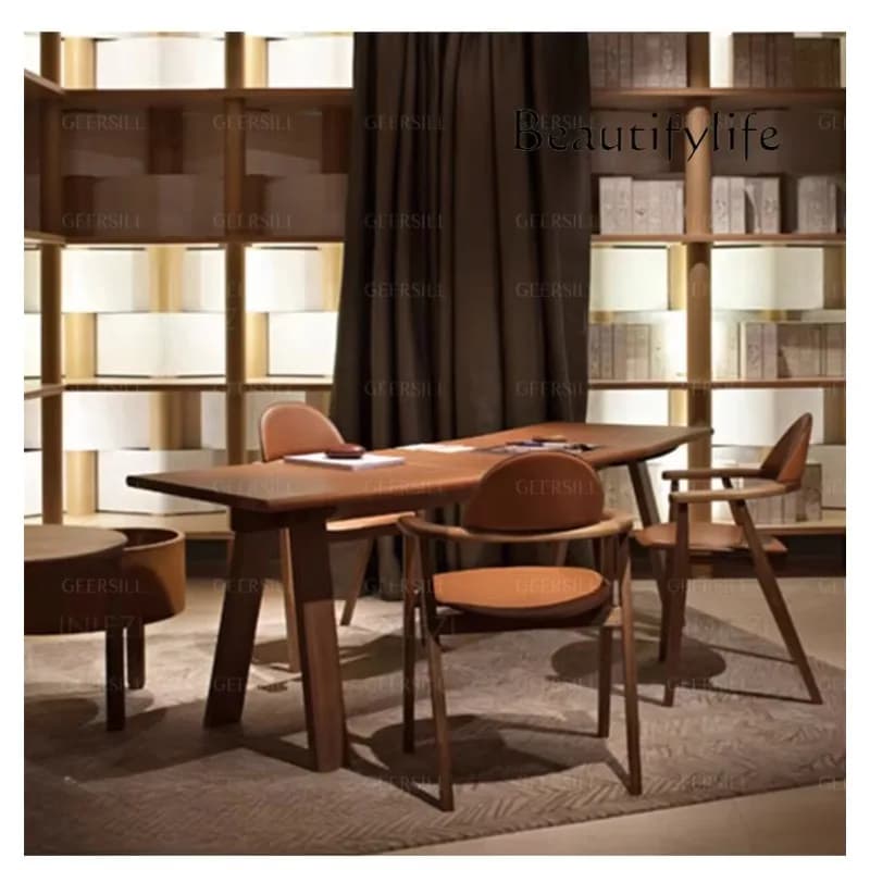 M Italian Minimalist Saddle Leather Solid Wood Curved Walnut Desk Designer Large Calligraphy Workbench Home Living Room