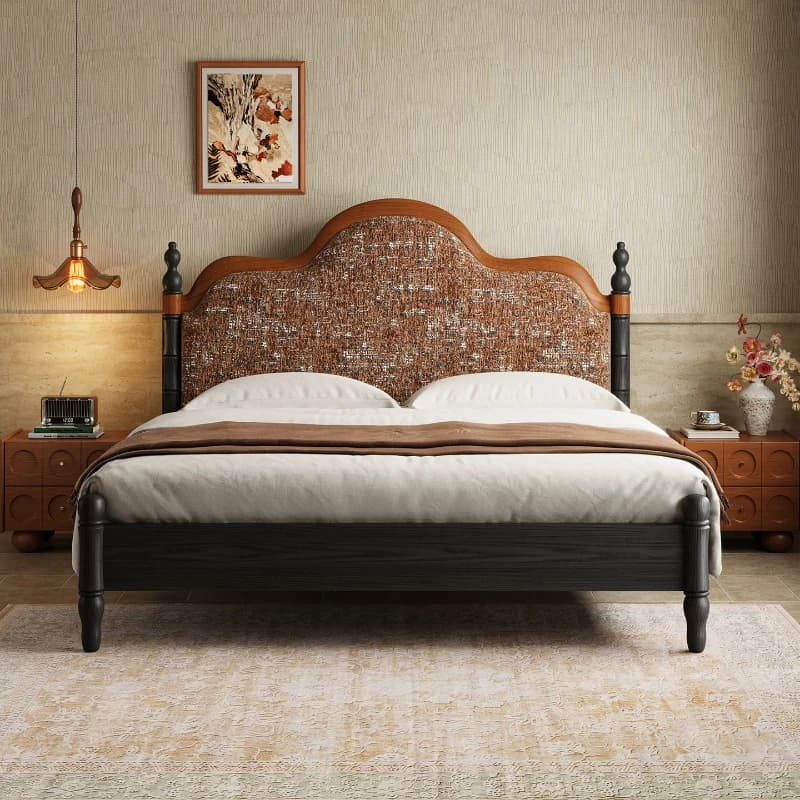 CX retro solid wood bed antique fabric soft bag 1.5/1 double bed