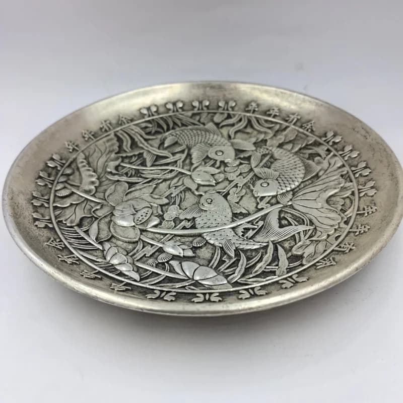 Ancient Crafts Yearly Prosperity Silver Plate with Dragon Pattern on the Bottom Nine Sons True Dragon White Copper Silver Plated