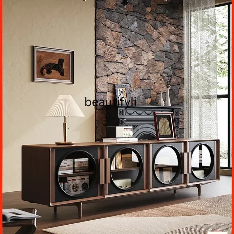 54Antique TV Cabinet Living Room Small Apartment Walnut Solid Wood Floor Standing Storage CabinetSSS