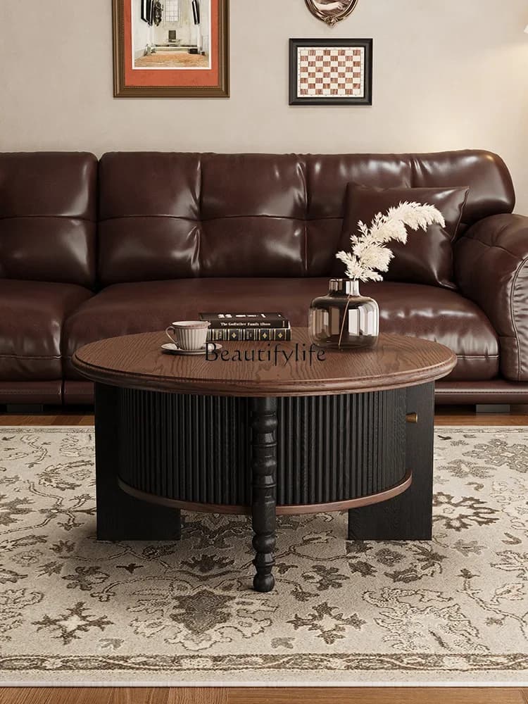 02French retro solid wood coffee table round tea table combination medium and ancient style small apartment