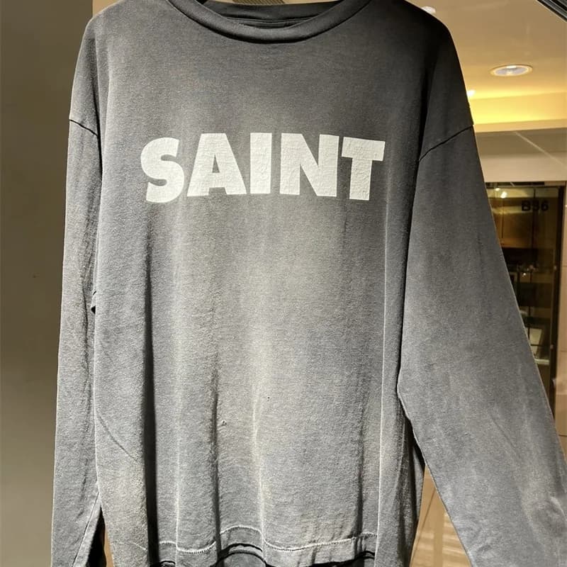 Cotton Oversized Letters Cracked Print Saint Long Sleeve T Shirt Best Quality Men Women Vintage Washed Casual Tops T-Shirt