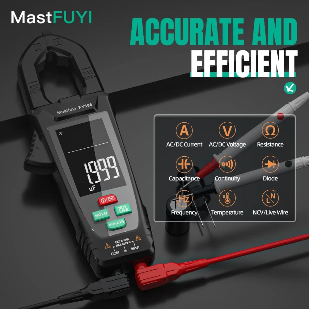 MASTFUYI FY385 9999Counts DC AC Current Clamp Meter Digital Multimeter 600A Amperimetric Clamp NCV capacitance Electrician Tool