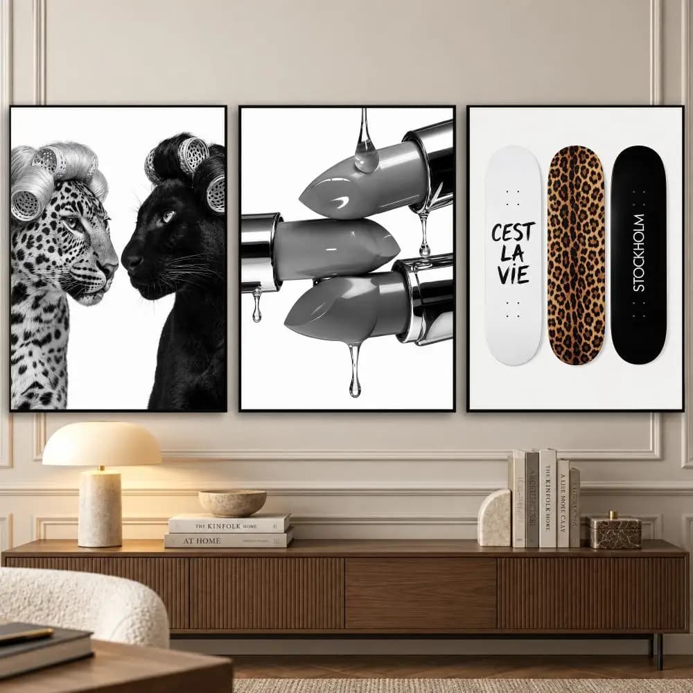 Trendy Leopard Lipstick Painting Calligraphy 3 PCS Canvas Wall Art Prints for Living Room Decor Vintage Fashion Decals