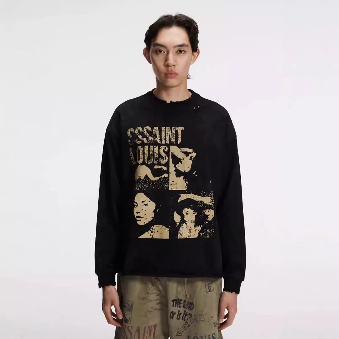Sssaint Louis Portrait Lettering Heart Graffiti Print Washed Vintage Damaged Casual Men's and Women's Long-Sleeved T-Shirt