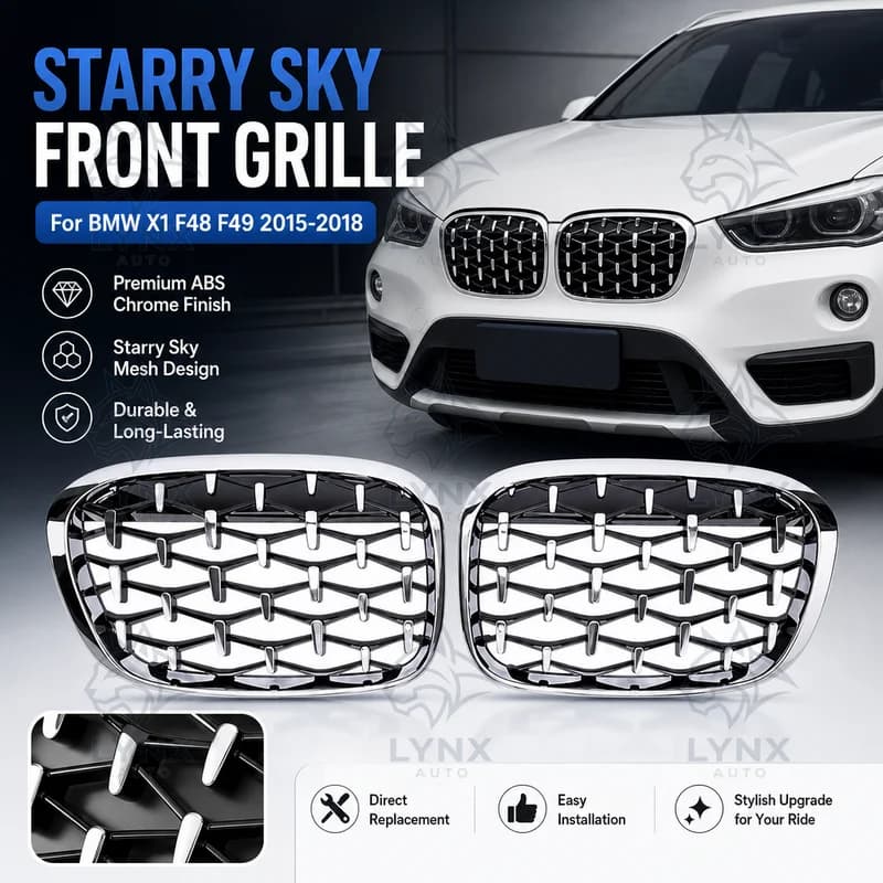 For BMW X1 F48 F49 2015-2018 Starry Sky Grille Silver Frame Silver Dot Mesh Front Intake Grille Car Modification