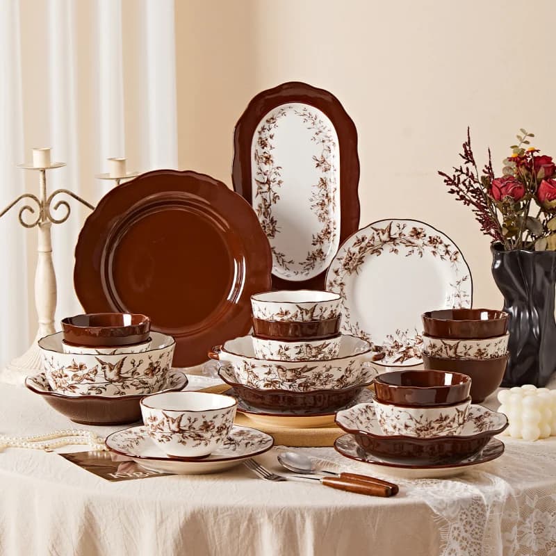 Home-use non-slip luxury ceramic tableware set, including bowls, plates, noodle bowls, fish plates, and gift items