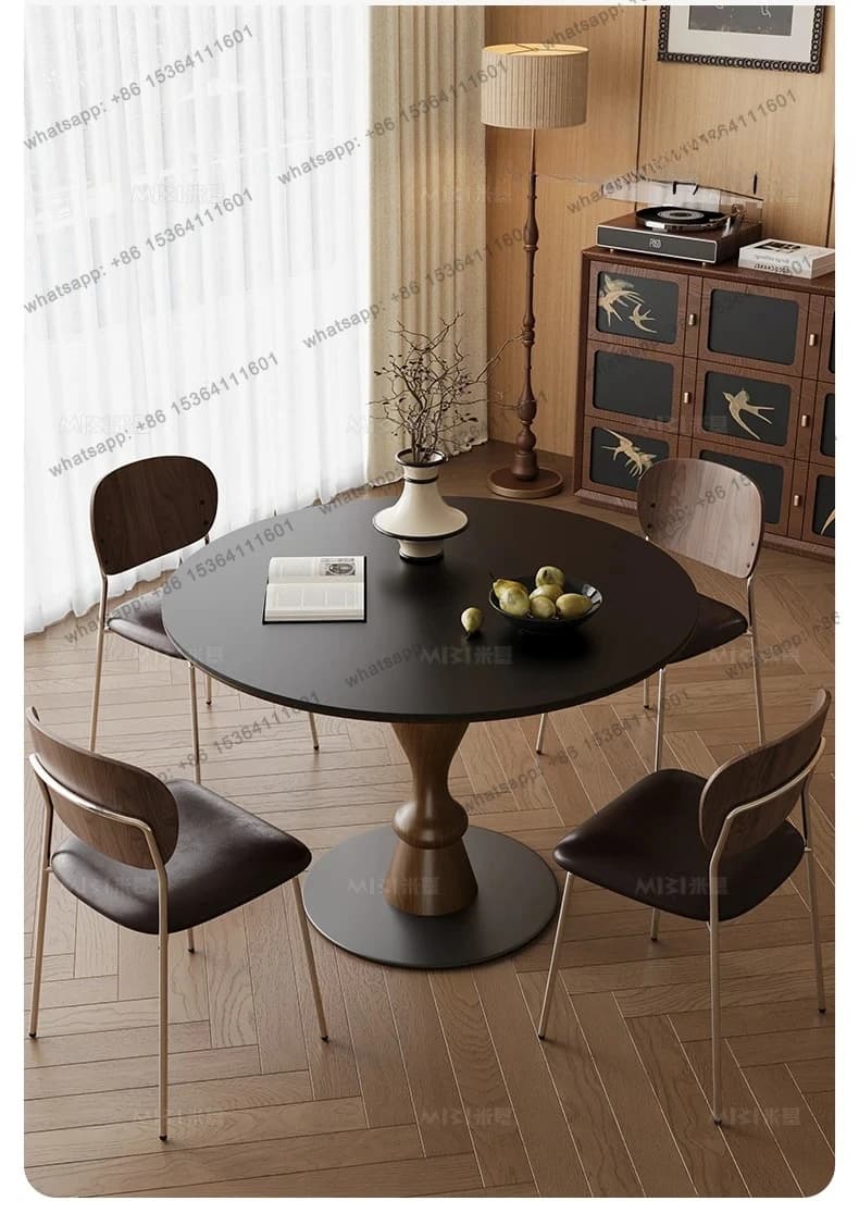 Medieval style round table solid wood rock slab dining table and chair combination simple modern household small apartment retro