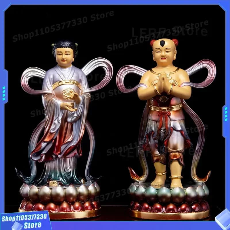 Pure Copper Guanyin Bodhisattva Statue with Golden Boy and Jade Girl for Home Feng Shui Decoration Wealth God Figure Nanhai