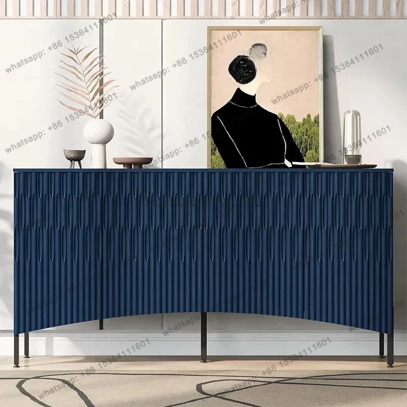 American Light Luxury Blue Solid Wood Porch Cabinet French Retro Style Living Room Groove Design Locker