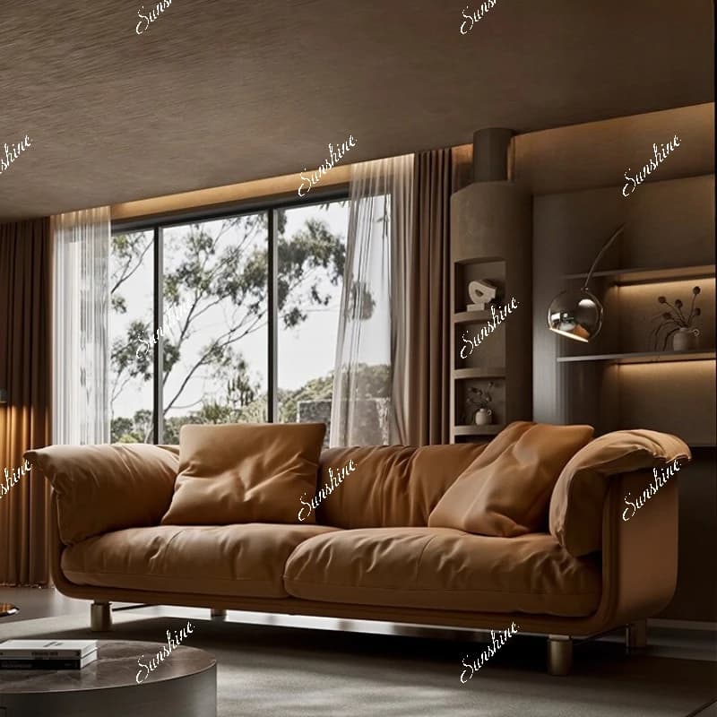 Italian minimalist retro leather sofa living room, small apartment, durable and fashionable