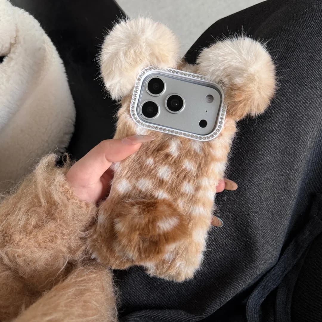 Cute 3D Bear Ears Fluffy Fur Phone Case For iPhone 17 16 15 14 13 12 11 Pro Max Plus 17promax Cartoon Plush Cover Shell