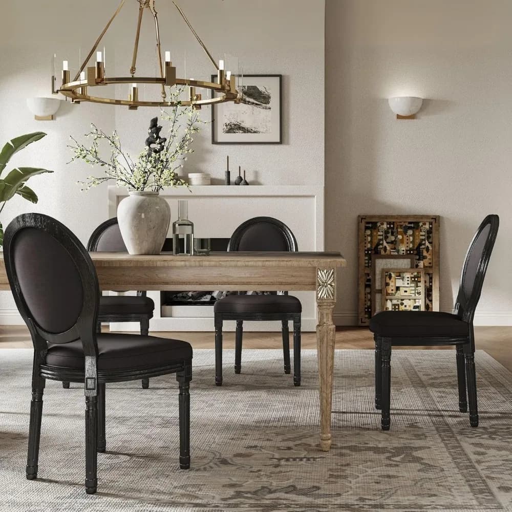 Washed Distressed Black Dining Chairs Set of 4, French Country Dining Room Chairs with Round Cushion Back, Wood Farmhouse