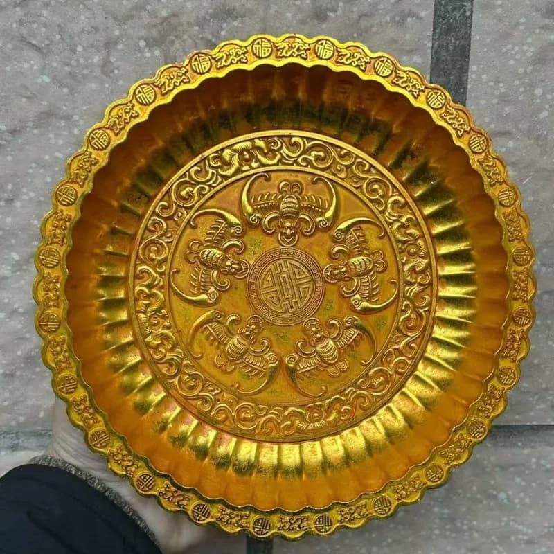 Antique Miscellaneous Items , Embossed Gold-Plated Copper with Five Blessings Design, Large Plate, Dish, Home Craft O