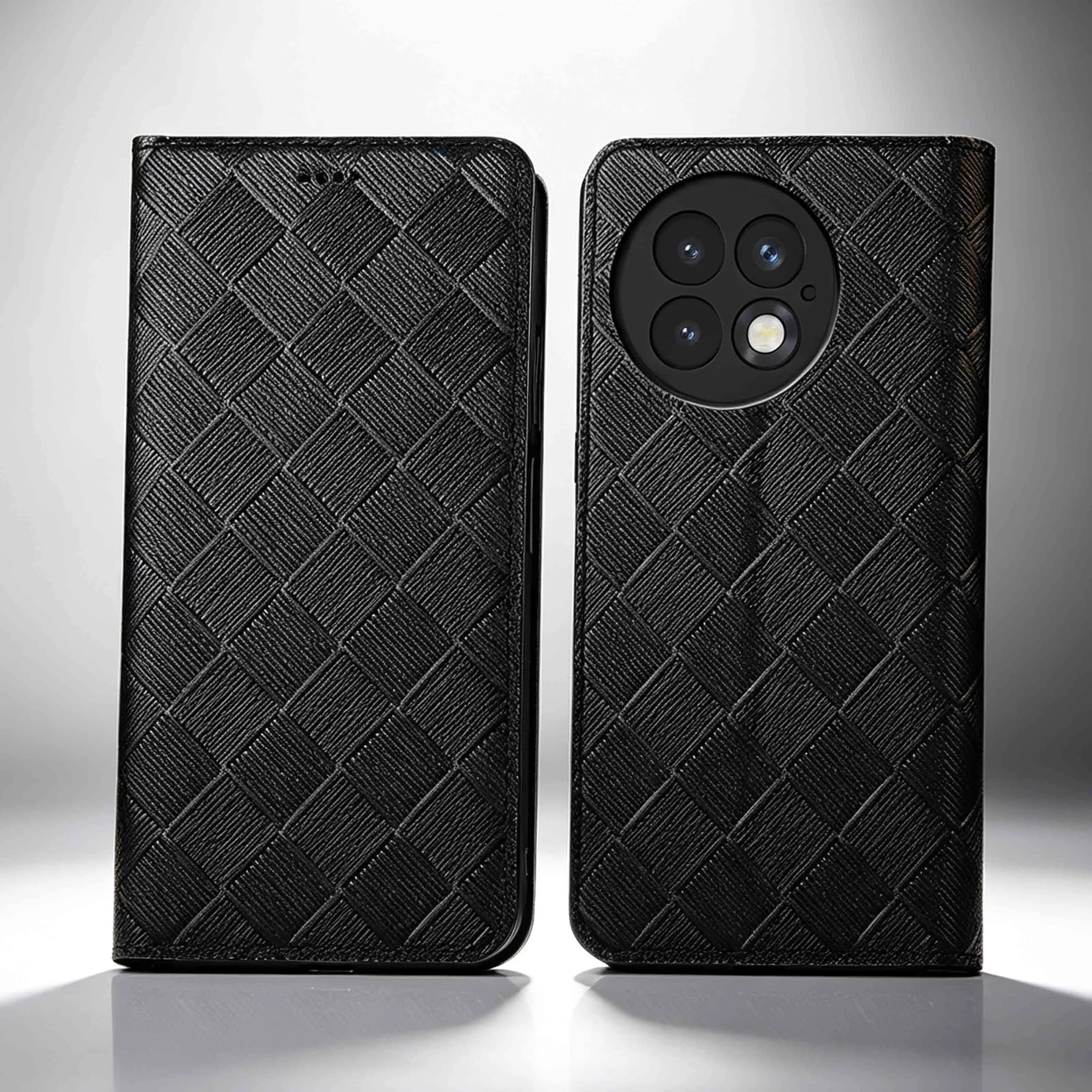 Knit Genuine Leather Flip Case For Oneplus 6 6T 7 7T 8 8T 9 9R 9T 10R 10T 11 12 12R 13 13R 13T 15 15R 15T Pro Phone Cover Cases