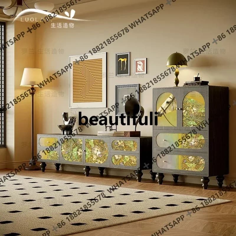 RR French retro style solid wood TV cabinet living room integrated decorative storage cabinet