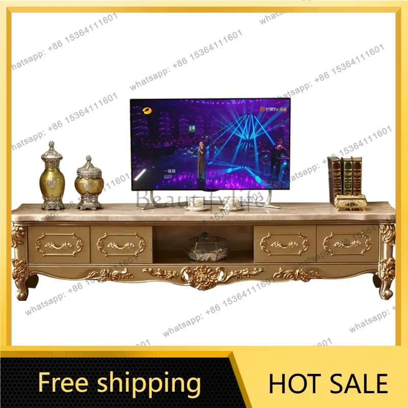 PJ European marble TV cabinet coffee table combination full solid wood carving flower luxury