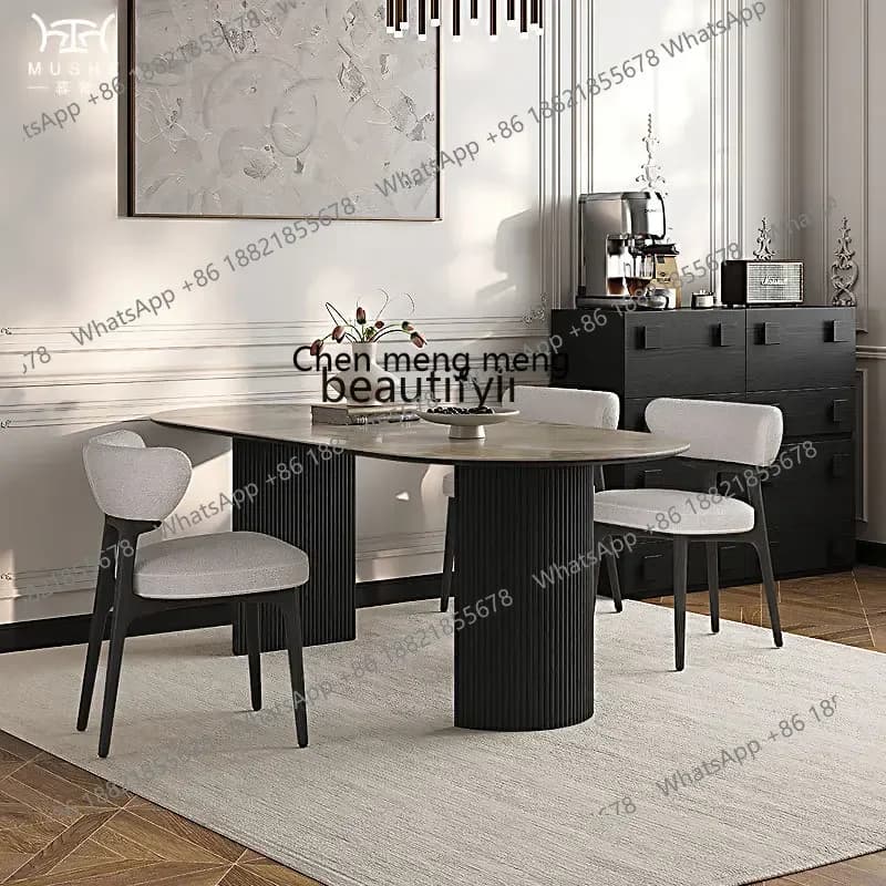 178French retro rock slab dining table and chair combination modern oval solid wood rock slab dining table