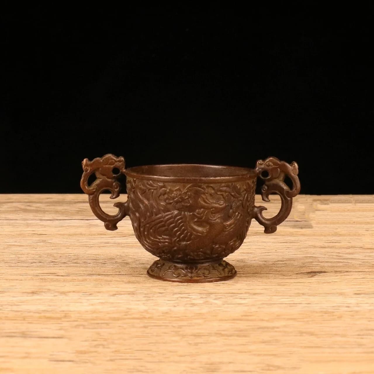 Chinese Bronze Dragon Ear Phoenix Pattern Cup Wine Cup exquisite handicraft