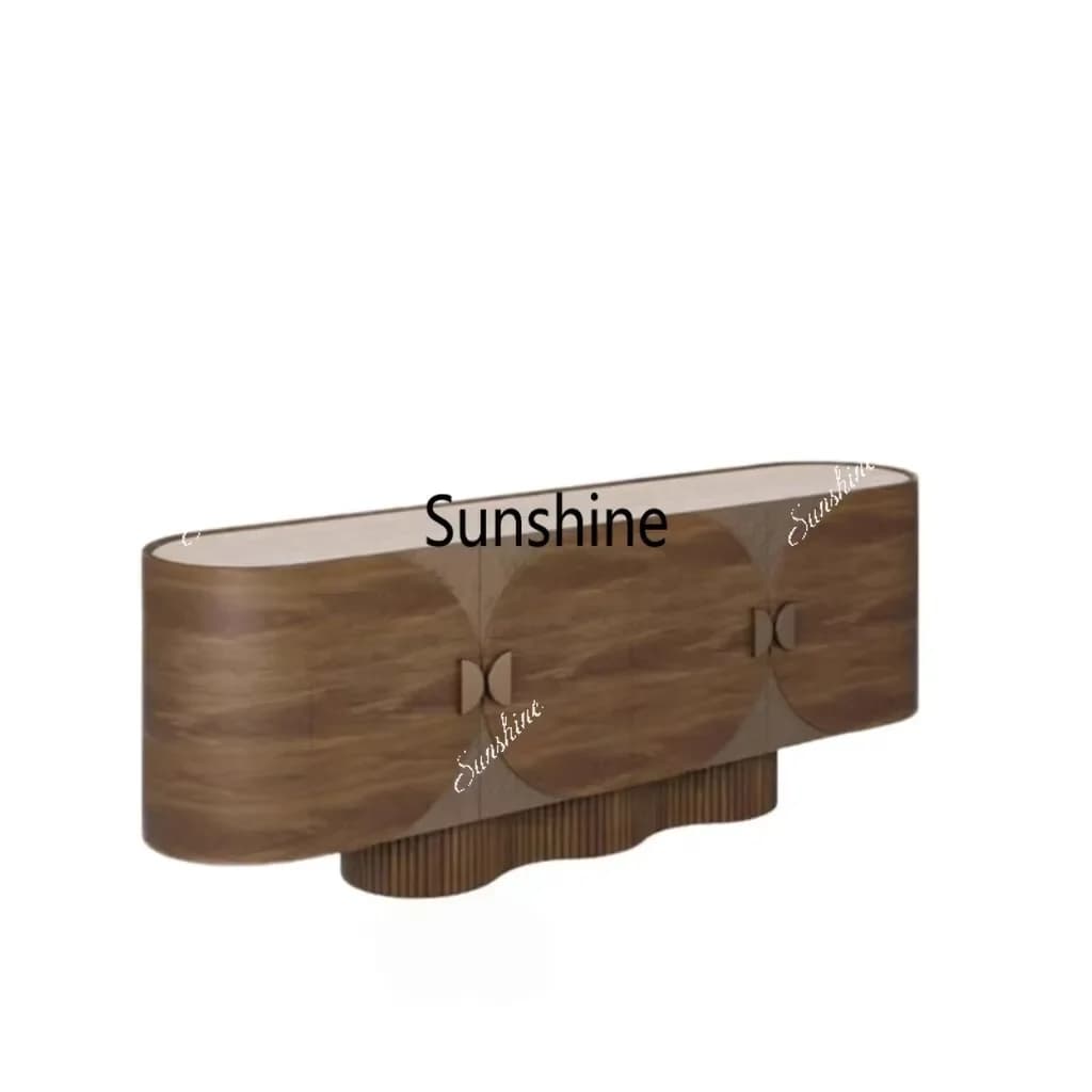 YVintage-style solid wood sideboard for living room, floor-to-ceiling for living room, travertine sintered stone slab decoration