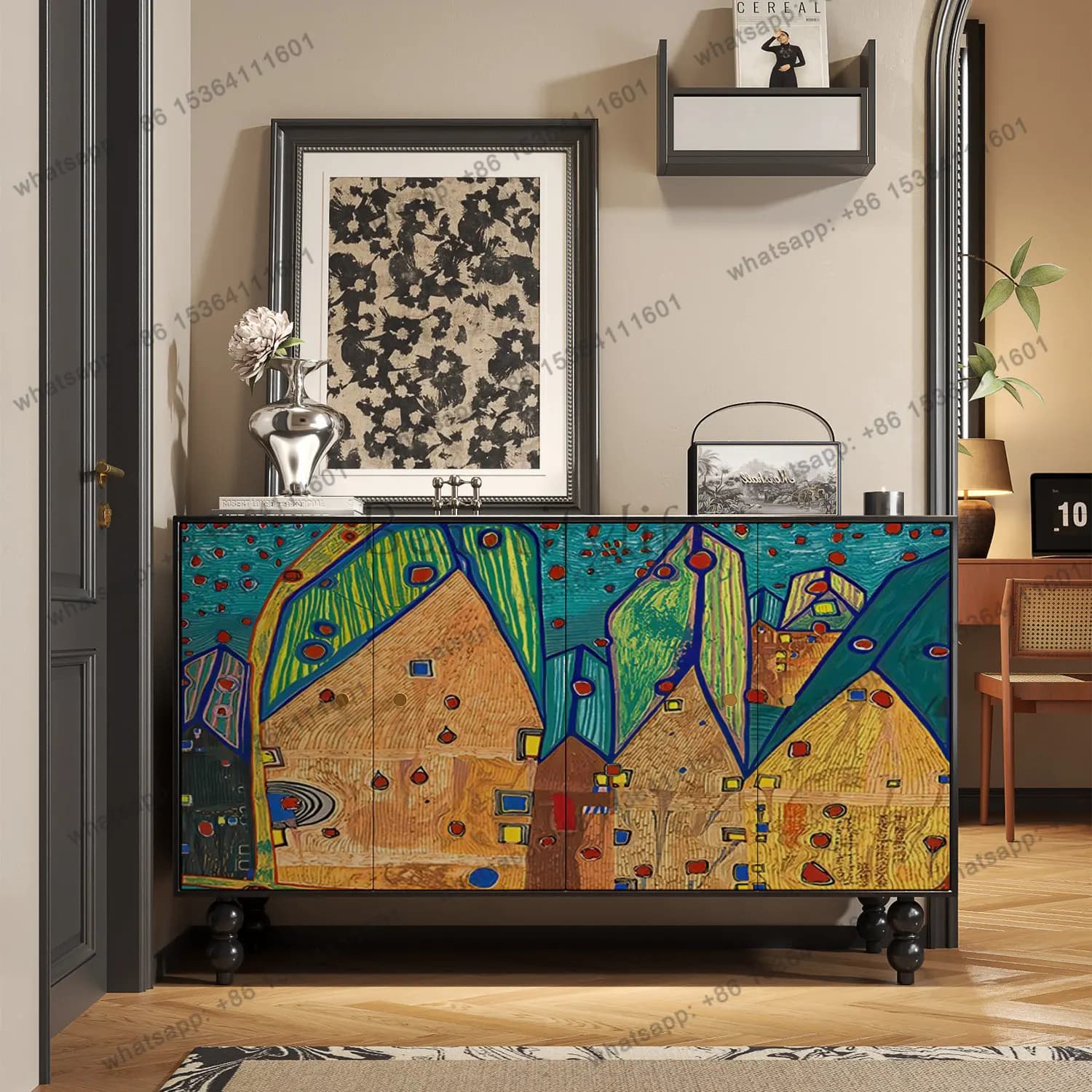 French art porch cabinet Home living room against the wall Solid wood dining side Storage painted locker