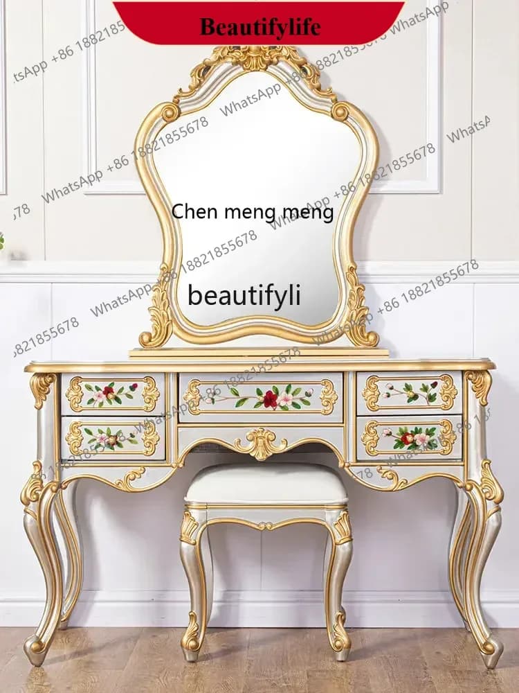 D178 Y yj European-Style Carved Painted Paint Luxury High-End Bedroom Dressing Table with Mirror Dresser