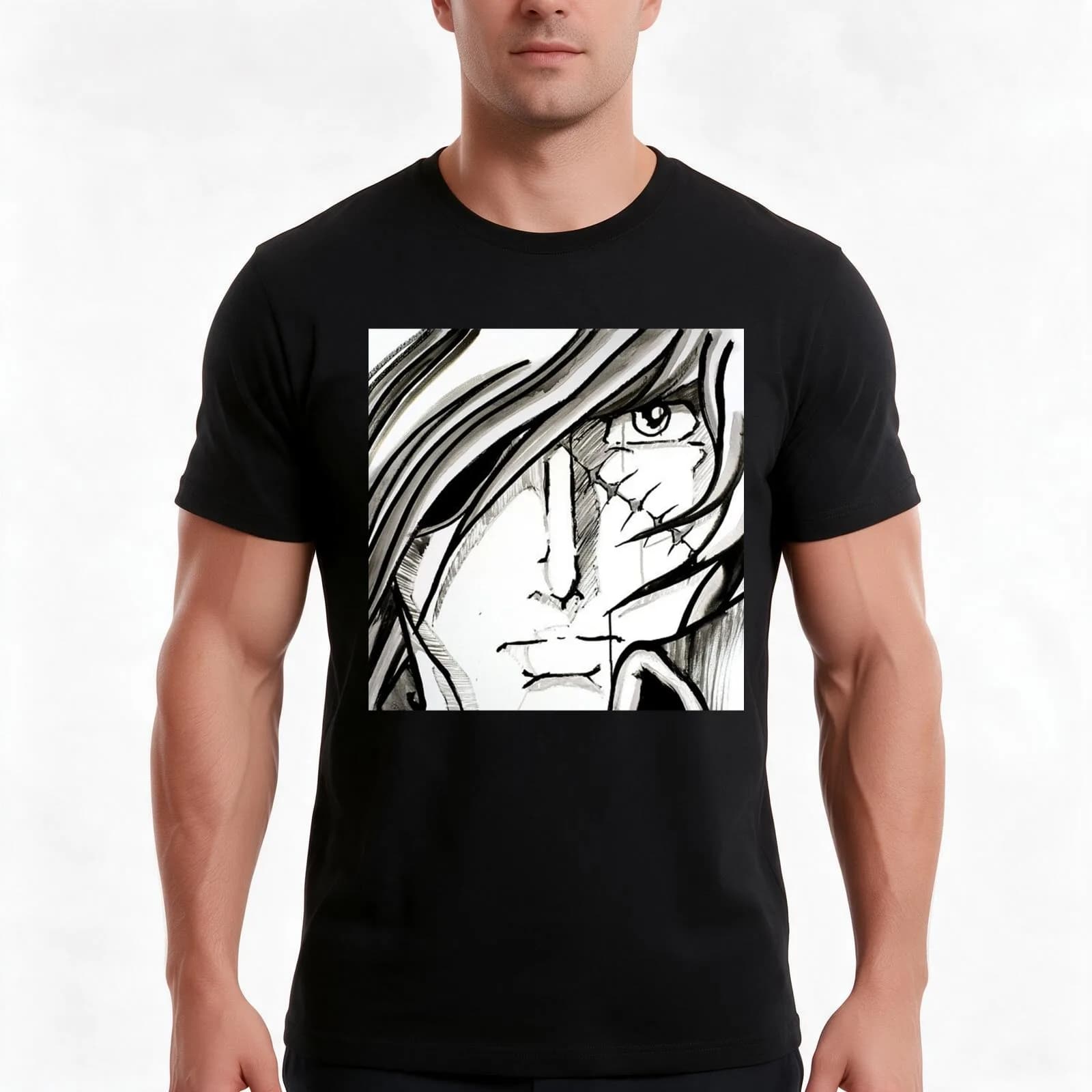 Albator pirate space black and white portrait scar T-Shirt, Summer Casual Cotton Tee, Oversized Streetwear Tops, 100% Cotton