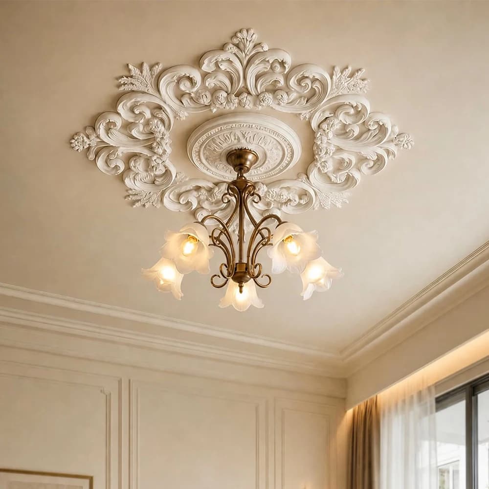 Lightweight PU Ceiling Medallion Combination,Decorative French Style Ceiling Rose Chandelier Base, Medallion for Light Fixtures