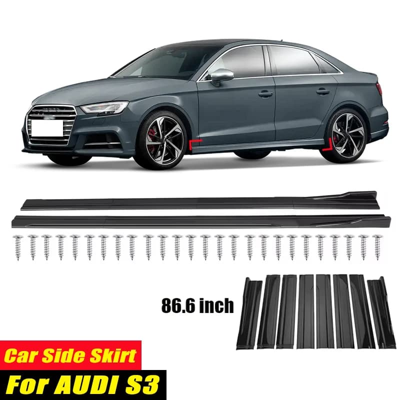For AUDI S3 Racing Style Side Skirts 86.6Inch 2.2M Rocker Panels Side Lip, ABS 8Pcs Glossy Black Car Body Kit