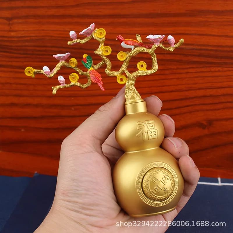 Hand-Painted Peach Blossom Gourd Fortune Decoration Home Money Tree Wealth Ornament Metal Craft