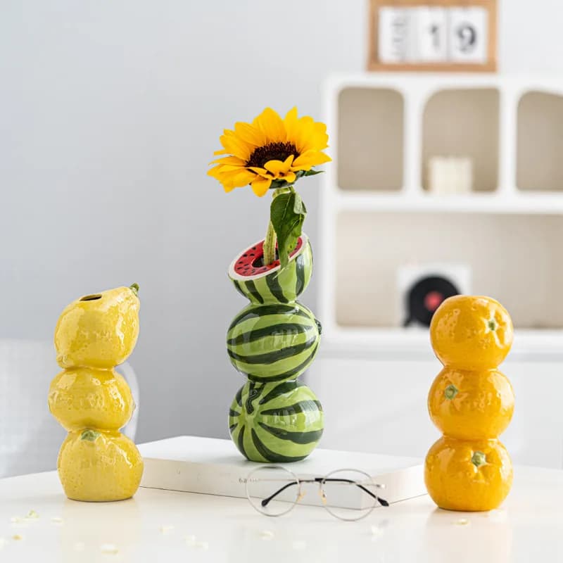 Ceramic Vase Orange Lemon Watermelon Fruit Fresh Flower Tabletop Centerpiece  Home Living Room Office Arrangement Floral Vases