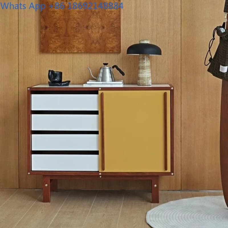 Sliding Door Cabinet Vintage Solid Wood Sideboard Storage Organizer Floor Low Cabinet Nordic Retro