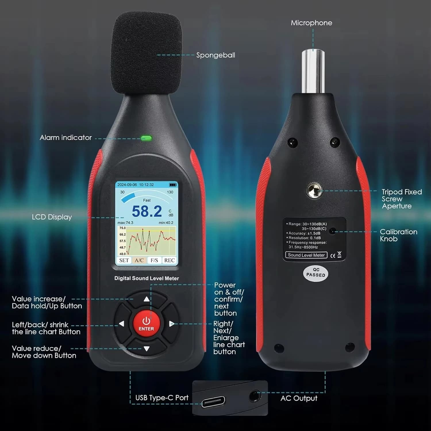 Sound Level Meter Data Logger 43000 Records USB Noise Tester 30-130dB A C Weighting for Factory Office Environment