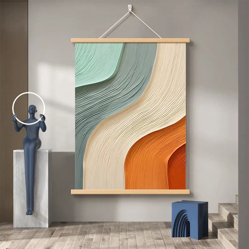 Abstract Canvas Wall Hanging Modern Wavy Line Art in Sage Green Beige Rust Orange with Wooden Rods for Living Room Bedroom Decor