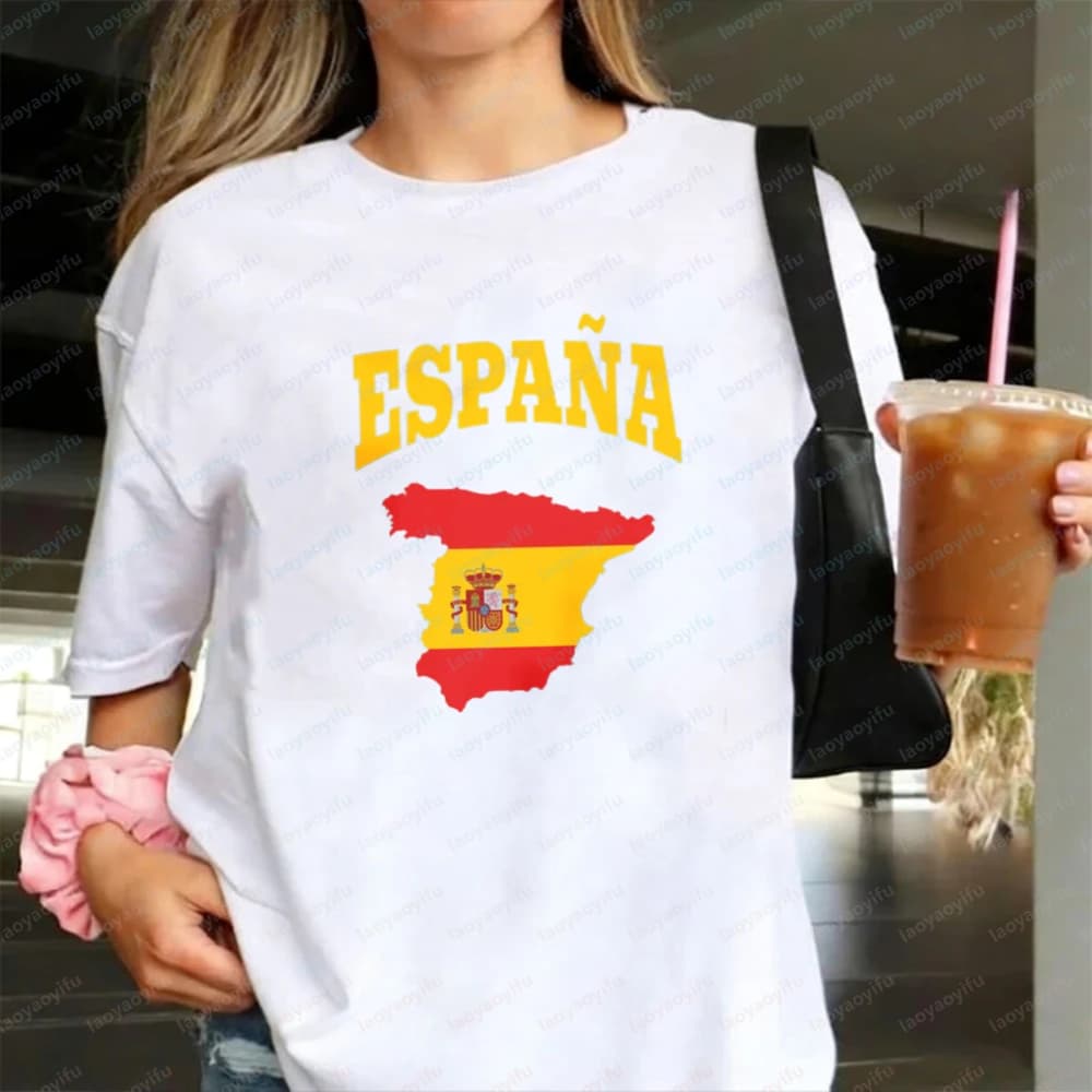 España Flag Map Cotton T-Shirt Spanish 2026 Soccer Graphic Tee Patriotic Casual Tops Sports Events Summer Clothes for Women Men