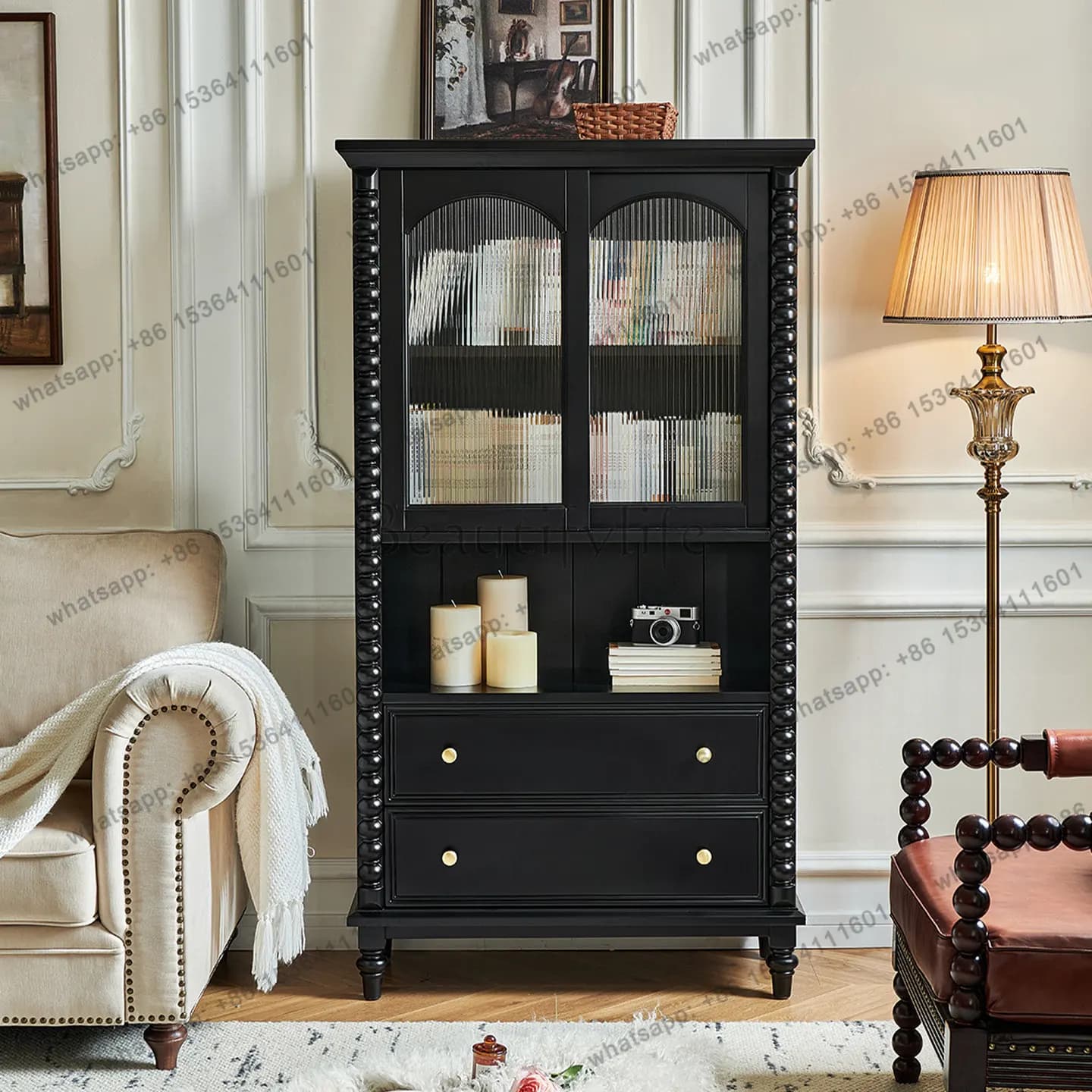 American medieval style all solid wood locker French living room bedroom with glass wine cabinet