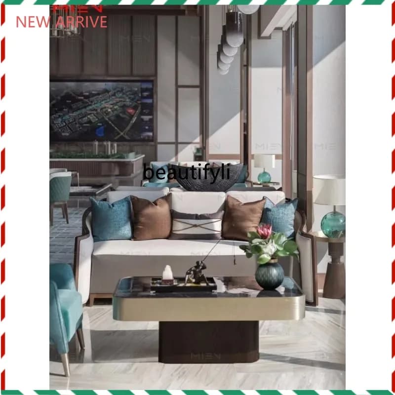 V132 Nordic light luxury living room rounded corner marble coffee table rectangular stainless steel glass tea table
