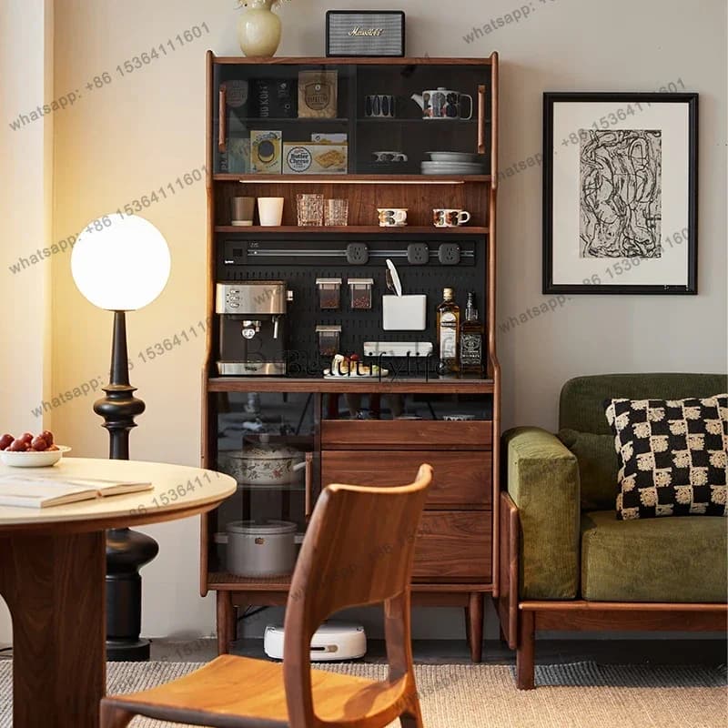 LXBlack walnut dining side cabinet solid wood retro living room tea lockerSSS