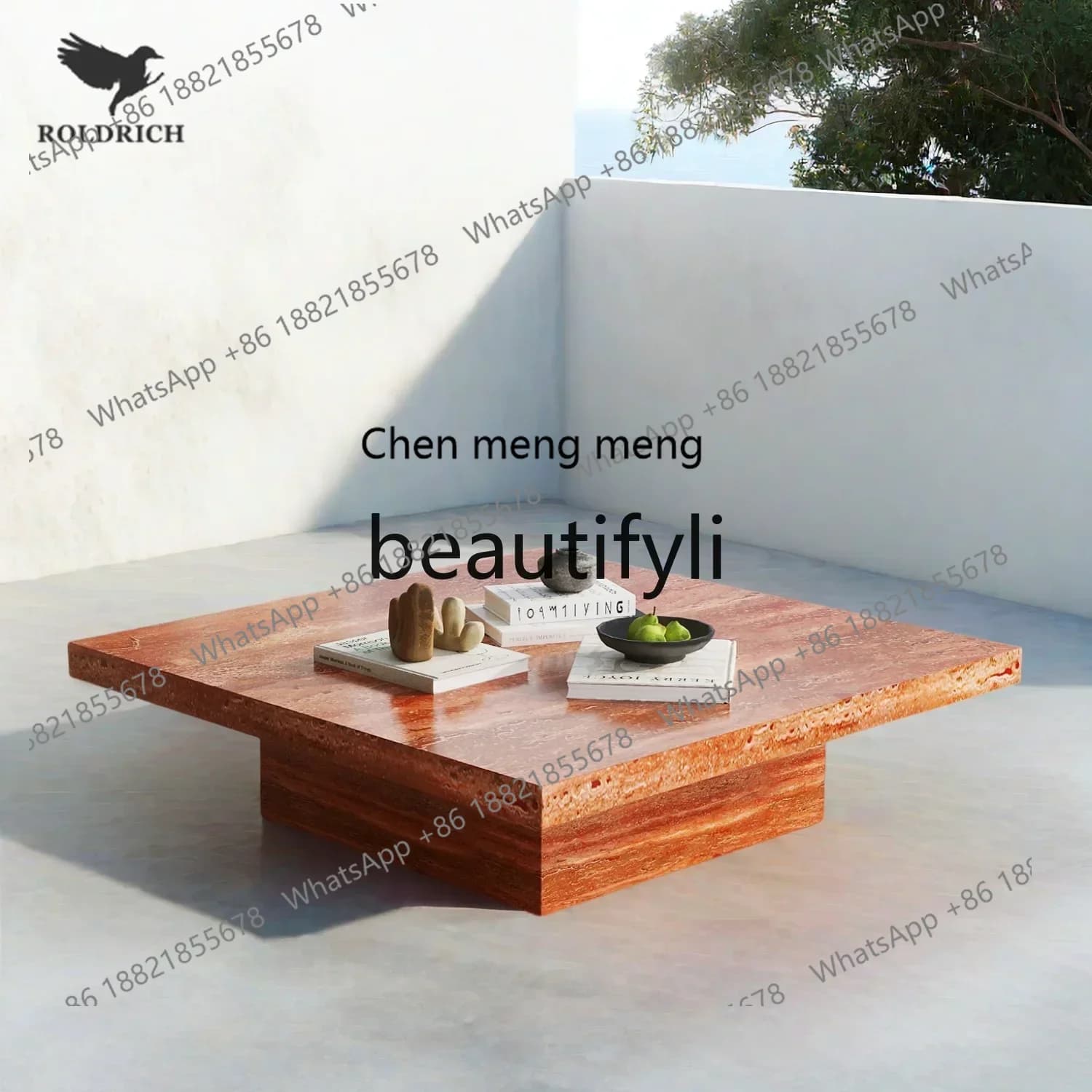 SS S7486 Medieval style retro red travertine coffee table marble rock slab  square tea table living room tea side table advanced