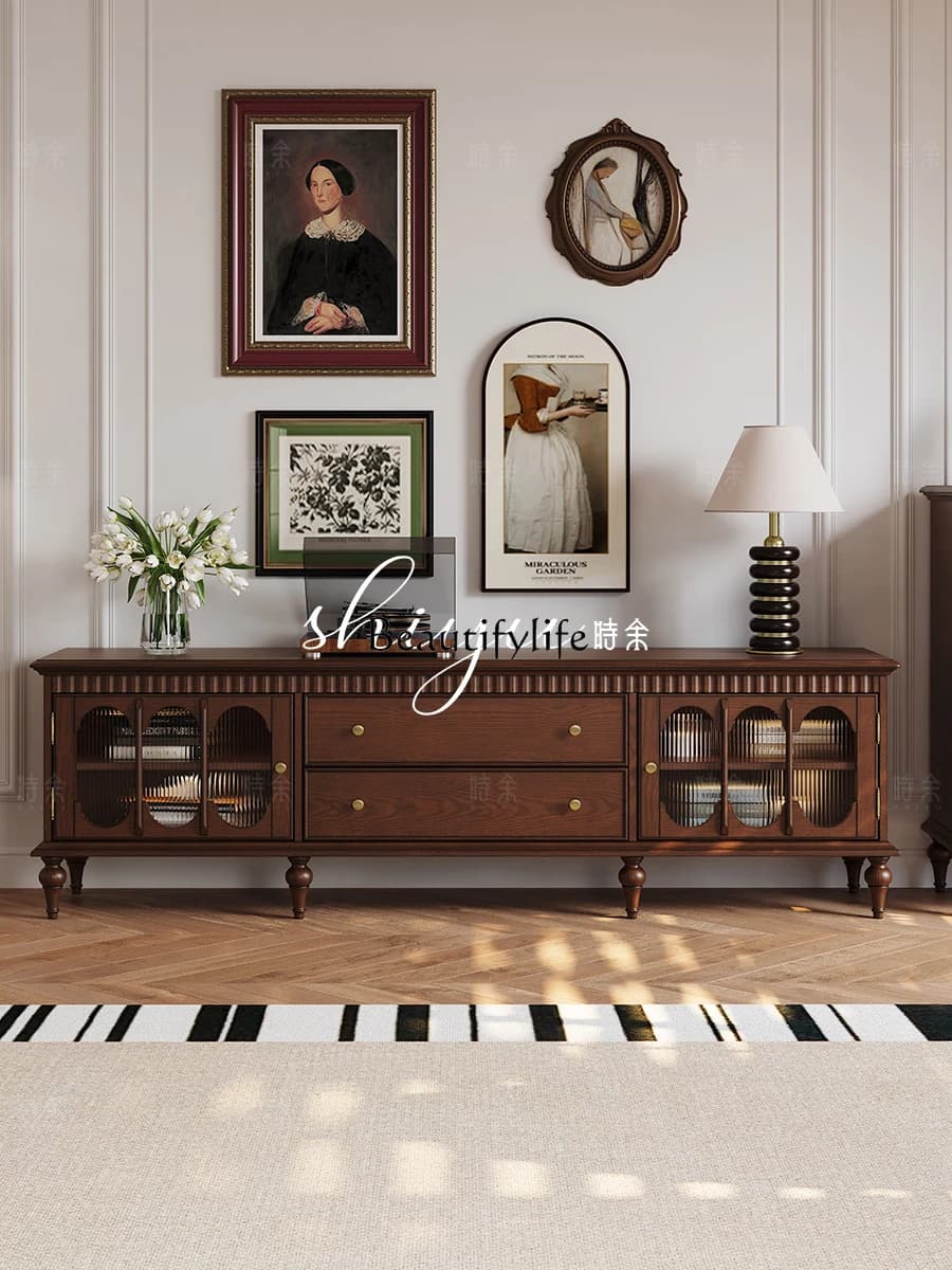 02 TV cabinet American retro all solid wood medium ancient French high foot