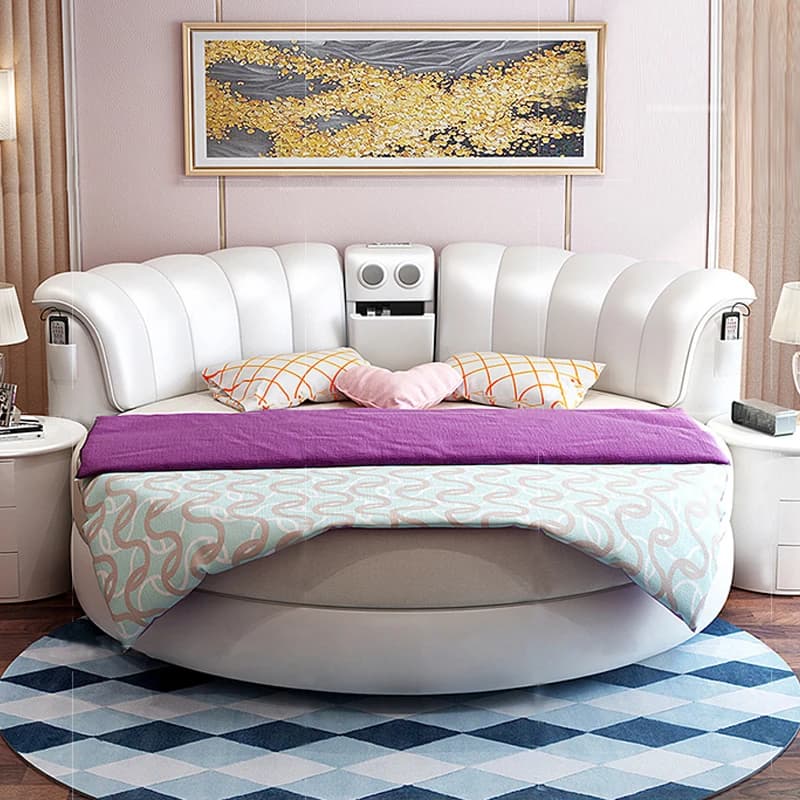 Luxury Round Genuine Leather Bed with Speaker and Storage, Modern Circular Platform Bed with Upholstered Headboard and Massage