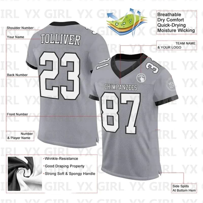 Custom Gray White-Black Mesh Authentic Football Jersey Personlized Team name and you name number V-Neck Football T-Shirts