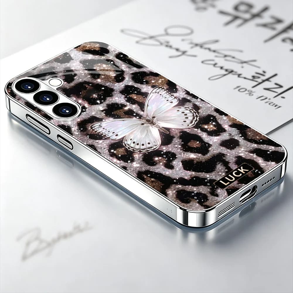 Lucky Letter Leopard Butterfly s26 ultra case s25 ultra case Glass phone case for Samsung Galaxy S26 25 24 23 22 FE Ultra Plus