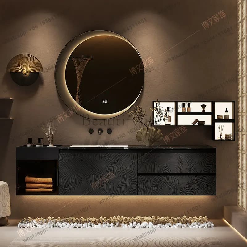 Modern light luxury solid wood bathroom cabinet rock slab ceramic integrated basin