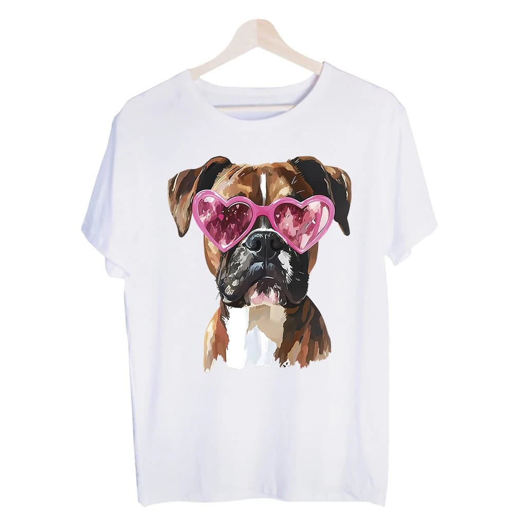 Women's Boxer Dog with Heart Sunglasses Graphic Tee, Casual Short Sleeve T-Shirt for Summer Outfits and Daily Wear