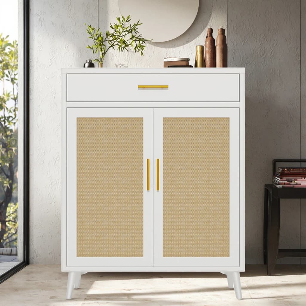 ！@Natural Rattan Door Metal Sideboard Buffet Accent Cabinet Dining Room Storage Furniture for Living Room Home Use