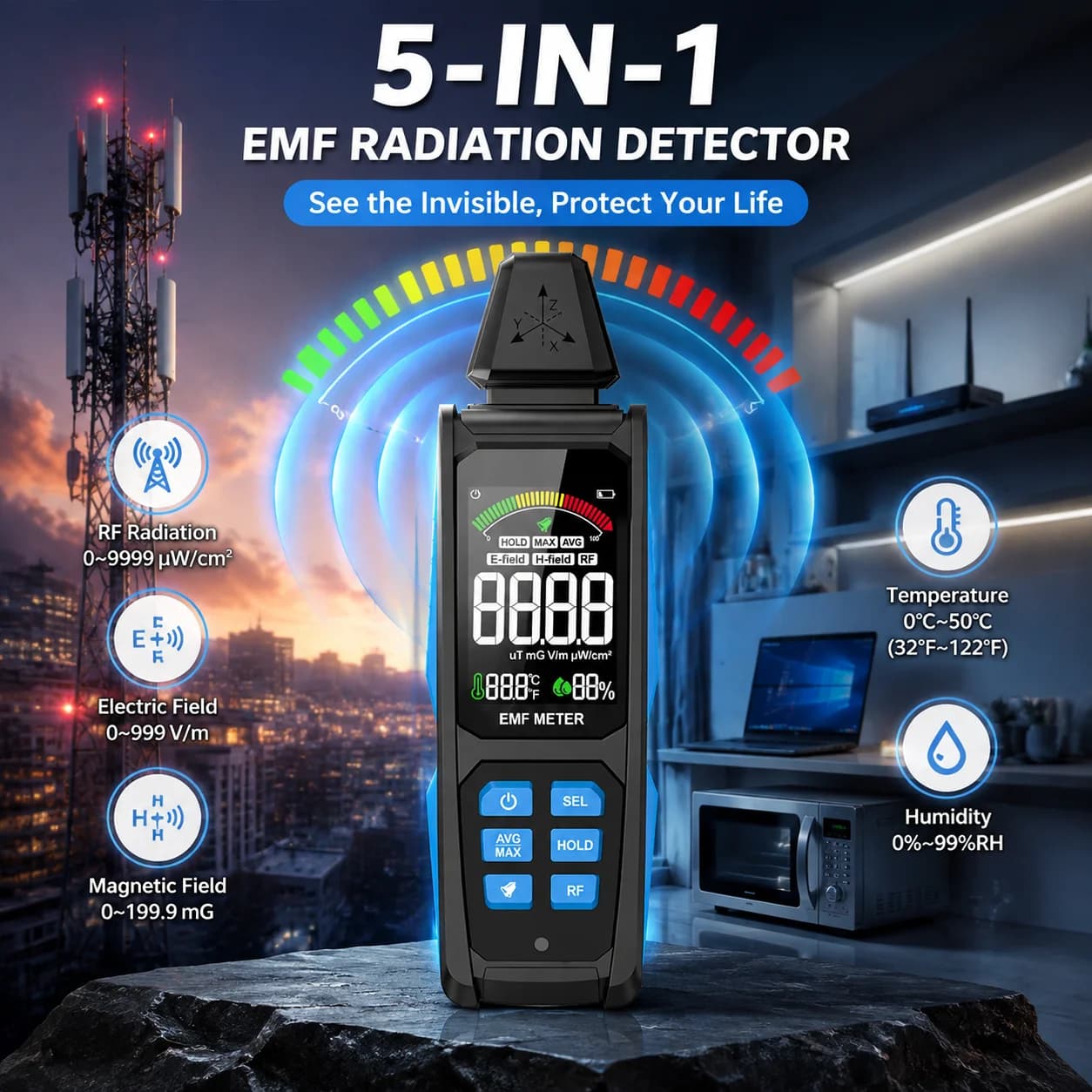 5-in-1 EMF Meter Radiation Detector 30Hz-8GHz – RF/Magnetic/ELF Tester with VA Color Display, Sound/Light Alarm For Home 5G/WiFi