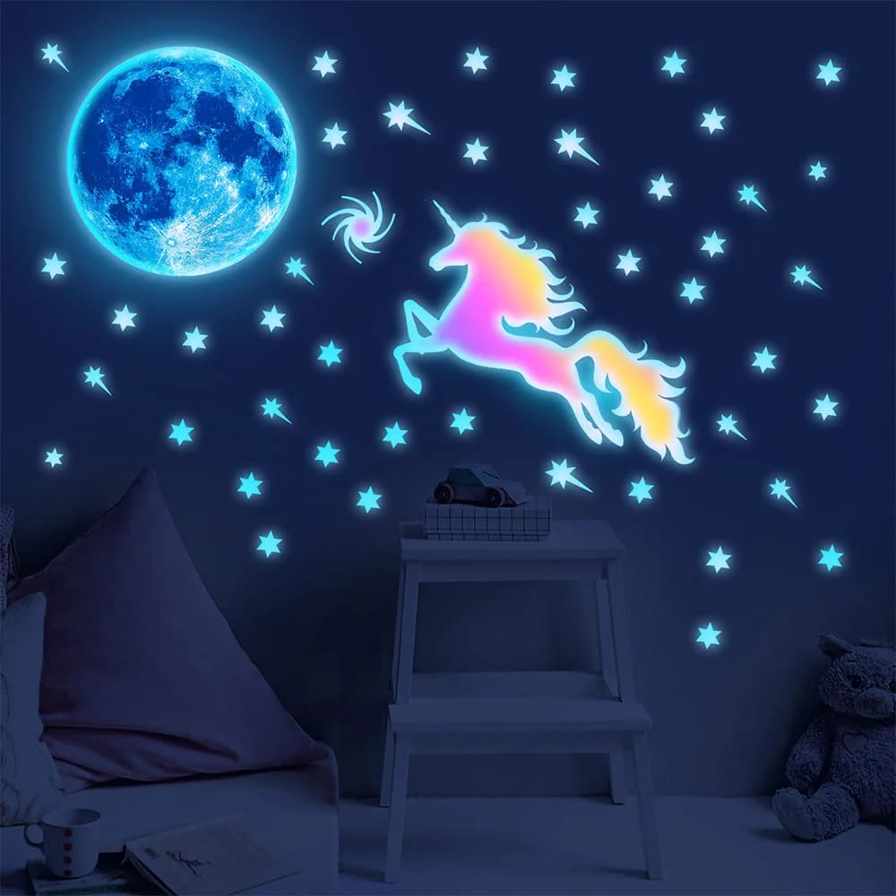Glow in The Dark Unicorn Wall Stickers Luminous Blue Moon Star Decals for Kids Bedroom Ceiling High Brightness PVC Wall Decor