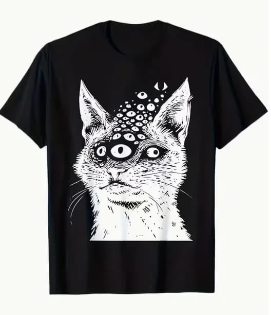 Unisex Psychedelic Horror Gothic Bizarre Cat Pattern T-shirt Black and White Gothic Cat Eye Design Gothic Trash Rock T-shirt